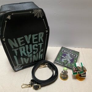 Beetlejuice Black Coffin Crossbody Bag with Sticky Notes & toy block figurines